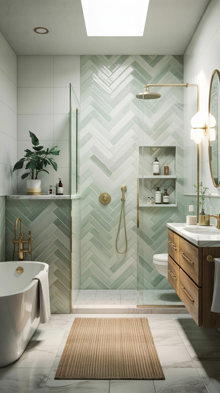 Luxury Bathroom Design with Soft Green Herringbone Tile Palette