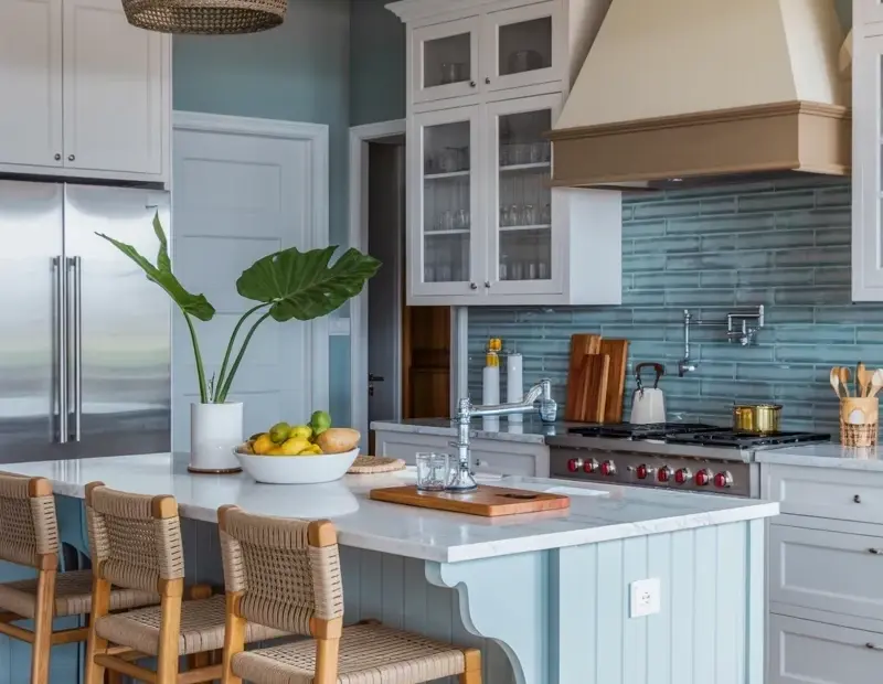 Blue island coastal kitchen with rattan pendant lights summer decor