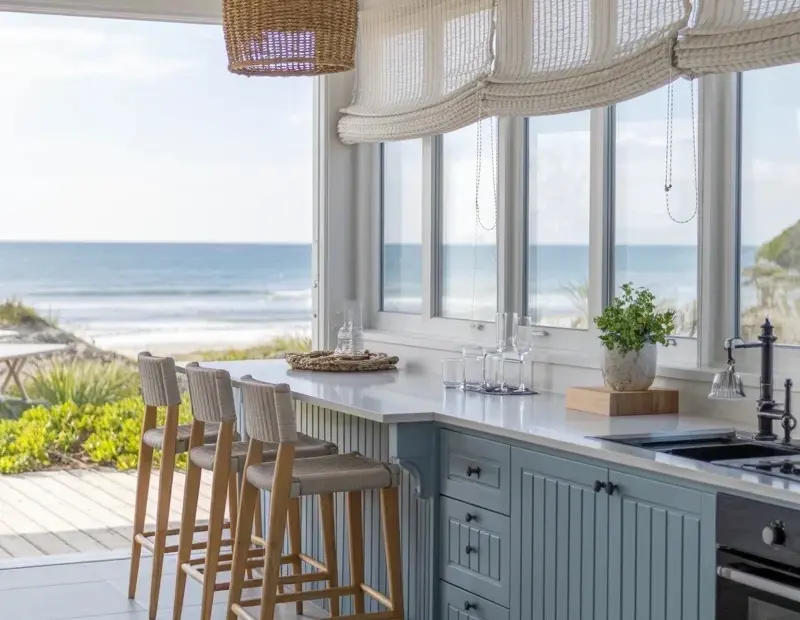 Coastal Kitchen Before and After – Light Blue Cabinets + Rattan Stools with Ocean View