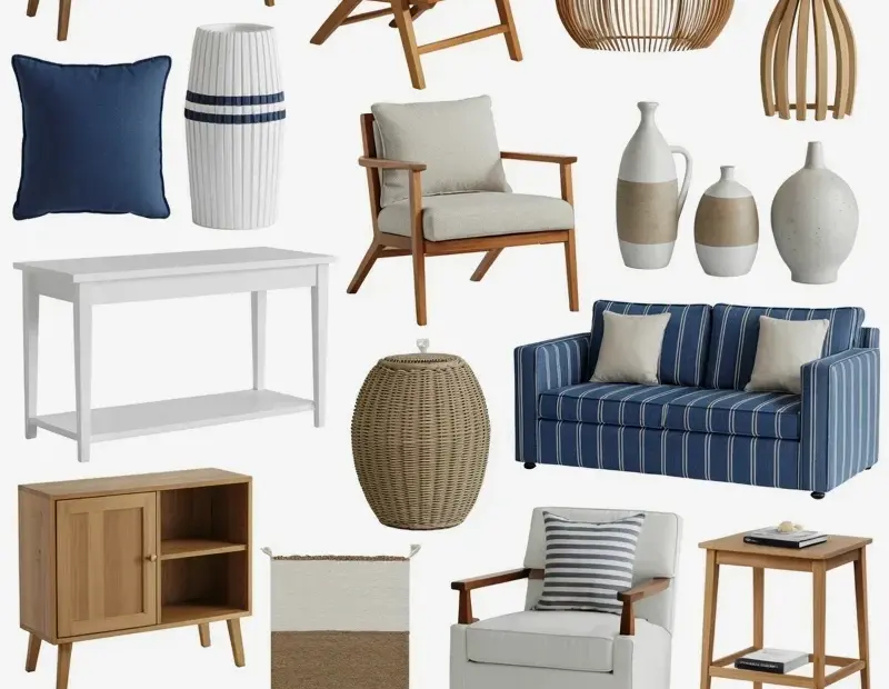Coastal Interior Design Mood Board: Before & After with Navy Blue and Rattan