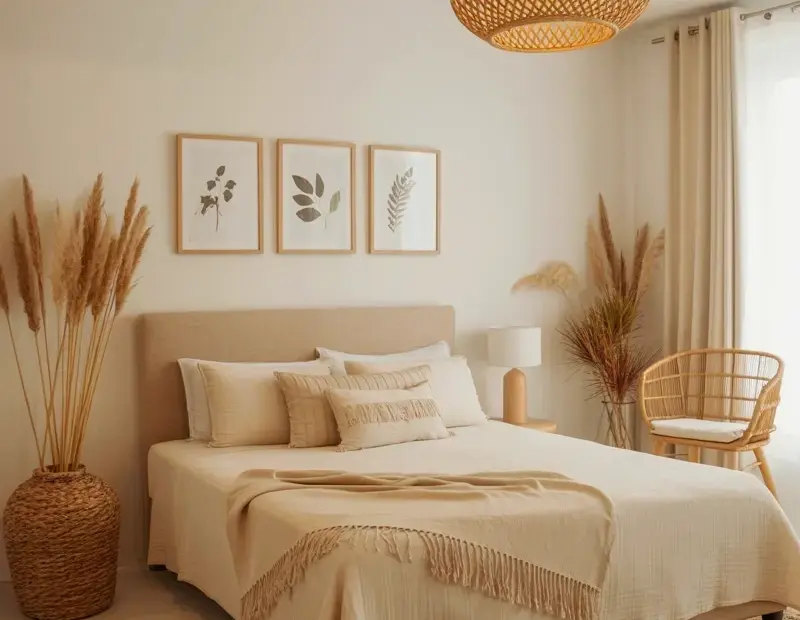 Fall Minimalist Bedroom Decor with Pampas Grass and Rattan Lighting