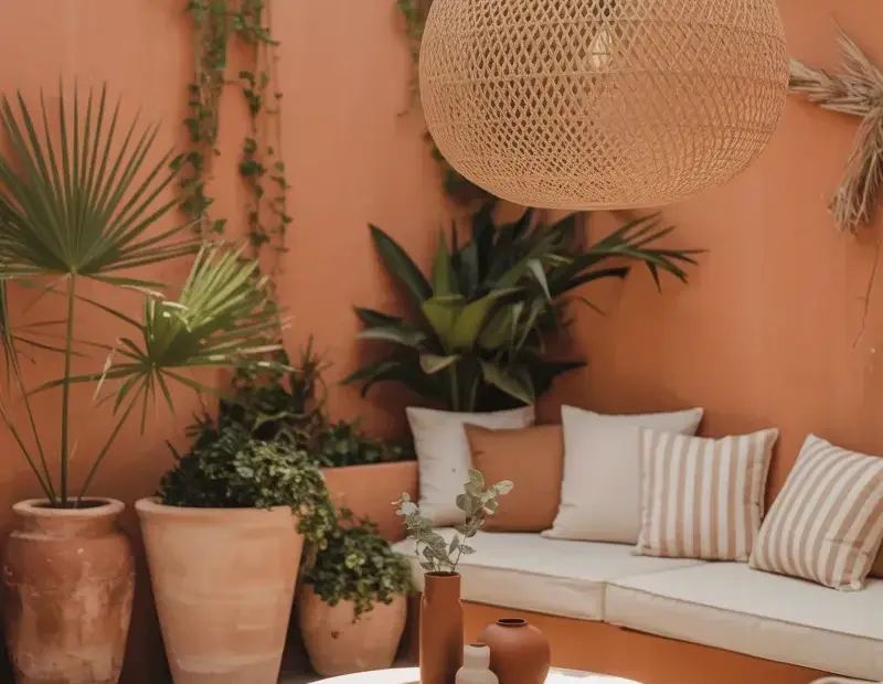 Outdoor patio transformation with terracotta walls and rattan lighting ๐ฟ