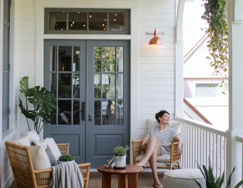 Bright Coastal Porch Decor: Rattan Chair, String Lights, and French Doors for Spring Evenings
