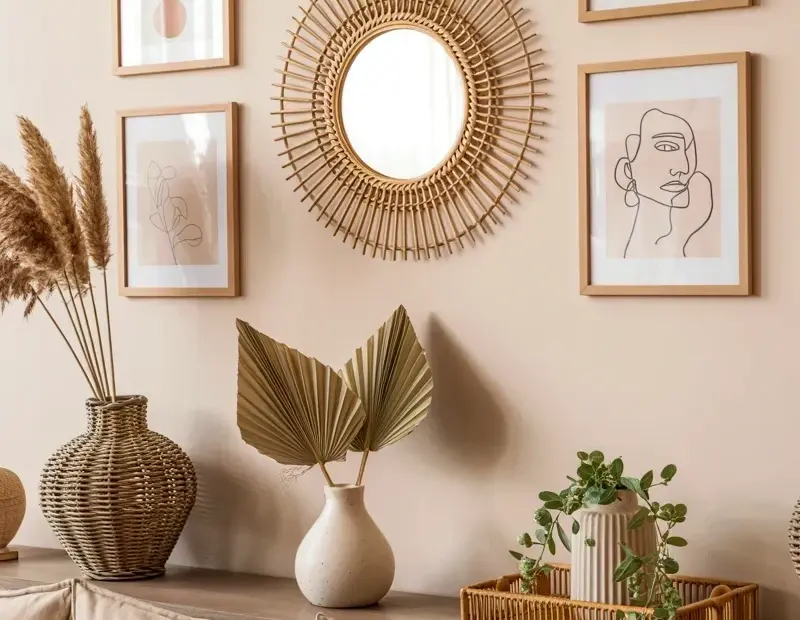 Boho gallery wall makeover: rattan mirror + pampas grass before & after