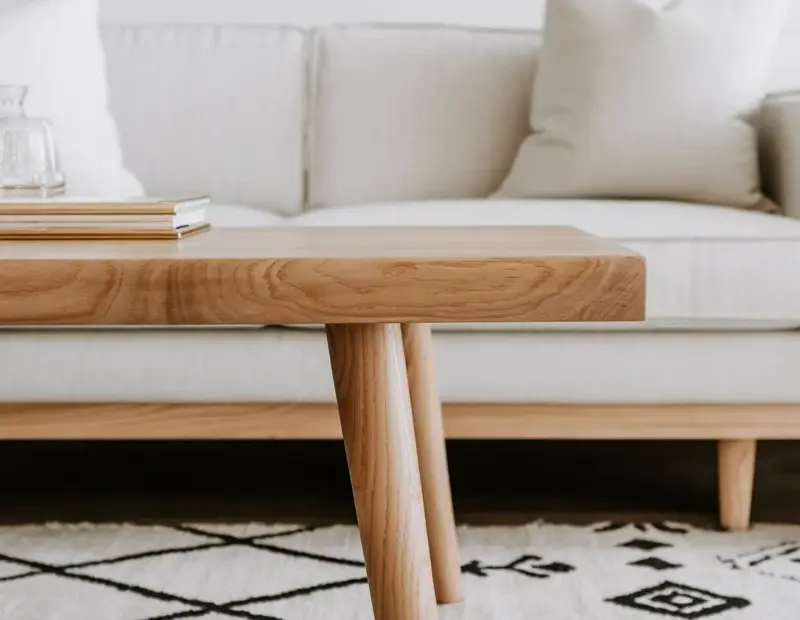 Boho Living Room Decor with Natural Wood Coffee Table | Tribal Rug & White Sofa | Minimalist Boho Home Ideas