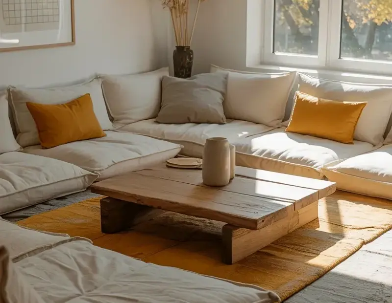 Modern minimalist living room before & after: floor seating with linen cushions + wood coffee table