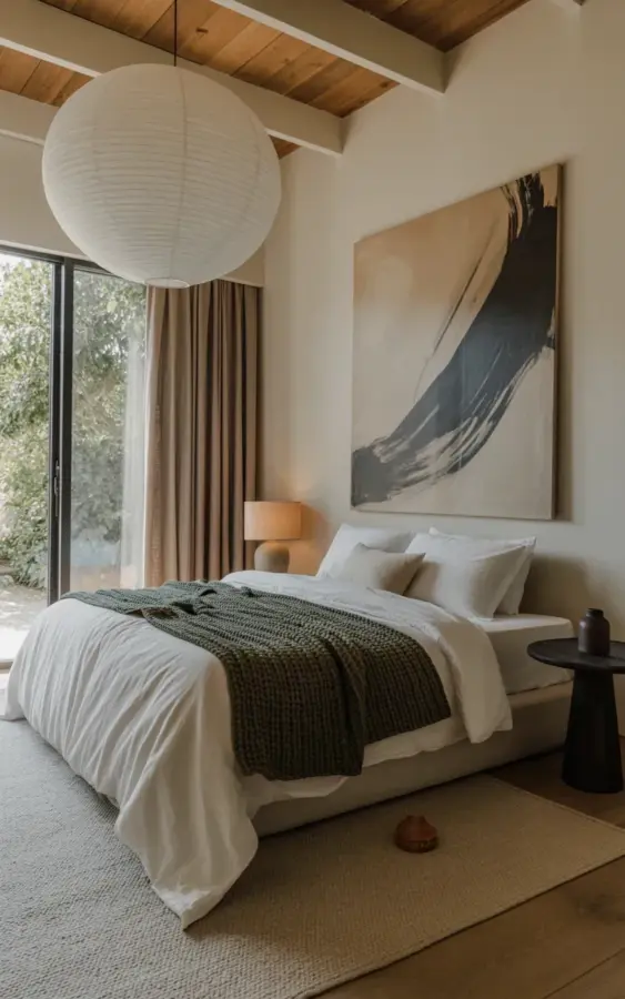Jute Rug Ideas for a Modern Minimalist Bedroom with Wood Beams
