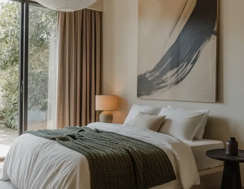 Jute Rug Ideas for a Modern Minimalist Bedroom with Wood Beams