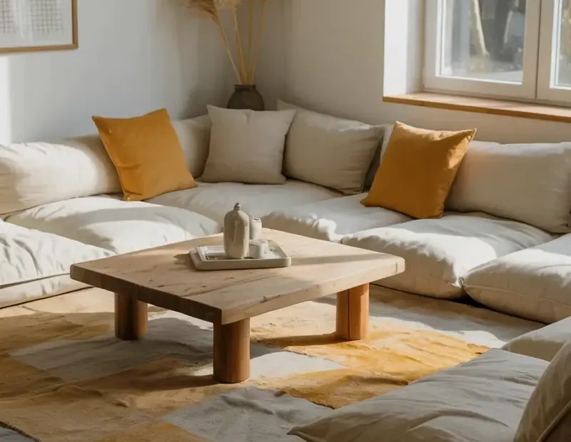Low-Profile Living Room Floor Seating: How to Arrange Floor Pillows + a Wood Coffee Table