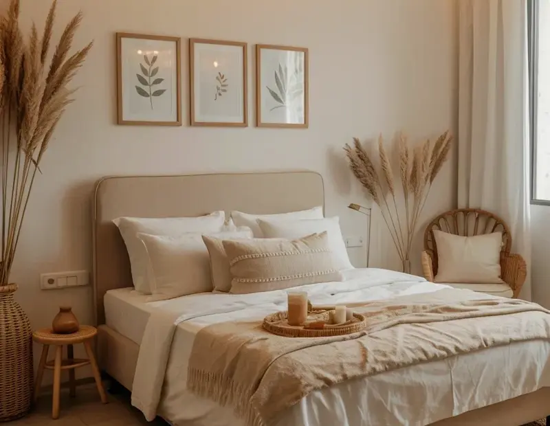 Natural Fiber Decor Bedroom: Rattan Pendant, Pampas Grass & Botanical Prints
