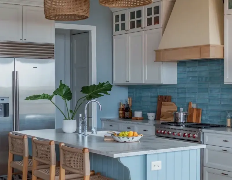 Coastal Kitchen Mistake to Avoid - Blue Island with Rattan Pendants