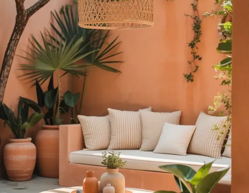 Outdoor Patio Decor with Terracotta Wall and Rattan Pendant Light