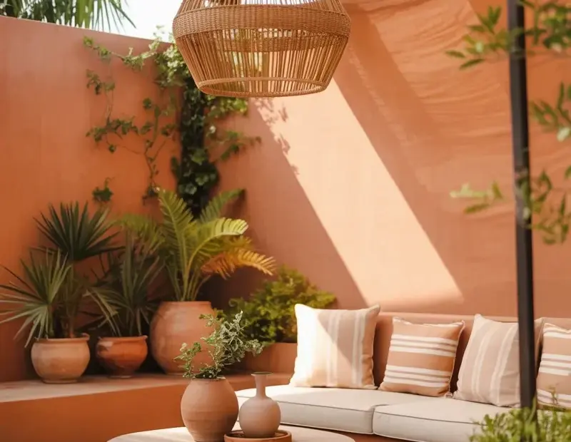Outdoor Patio Ideas: a Cozy Tropical Escape with Terracotta, Rattan & Palm Planters