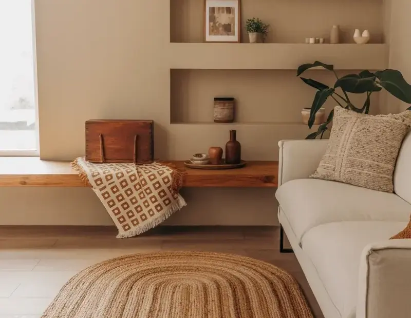 Quick how-to for a Modern Minimalist Living Room with a Jute Rug + Wooden Bench